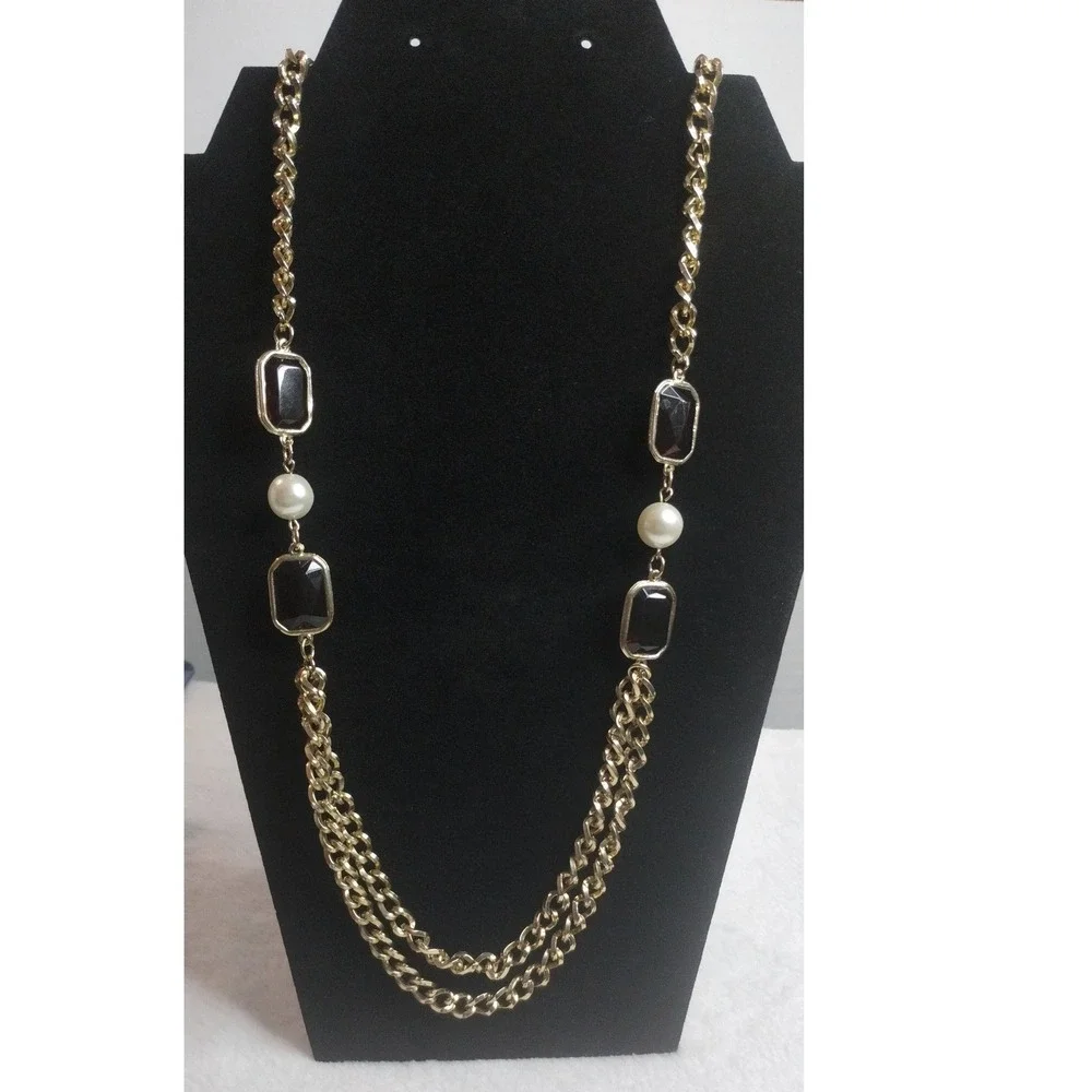 Gold Tone Long Layered Chain Necklace Black Resin Faux Pearl Accents 44 Inch